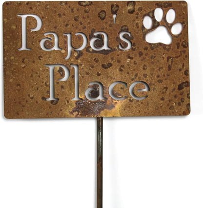 Classic Metal Garden Markers Clearance Items 20 to 33 Inches Tall (Papa's Place + paw print, Naturally Rusted)