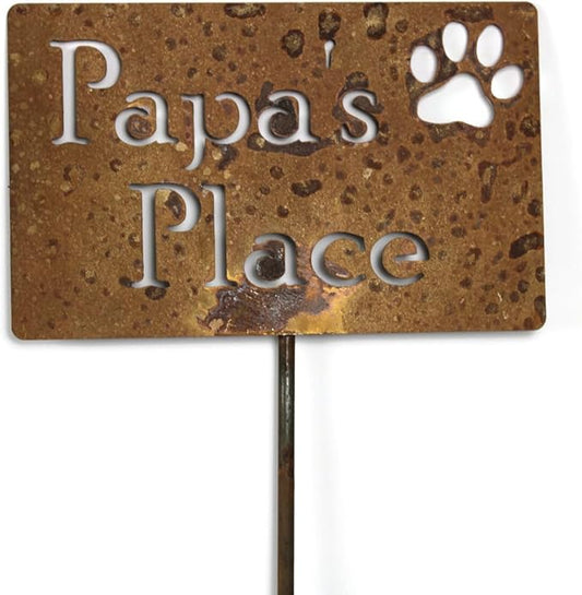 Classic Metal Garden Markers Clearance Items 20 to 33 Inches Tall (Papa's Place + paw print, Naturally Rusted)