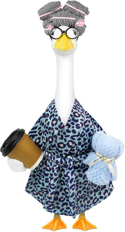 Lady Porch Goose Outfits,Bathrobe Porch Goose Statue Costume with Curlers Reading Glasses Coffee Cup Towel,Cute Goose Clothes for 23-Inch Cement Statue,Lawn Yard Garden Patio Decor（Leopard Print 02）
