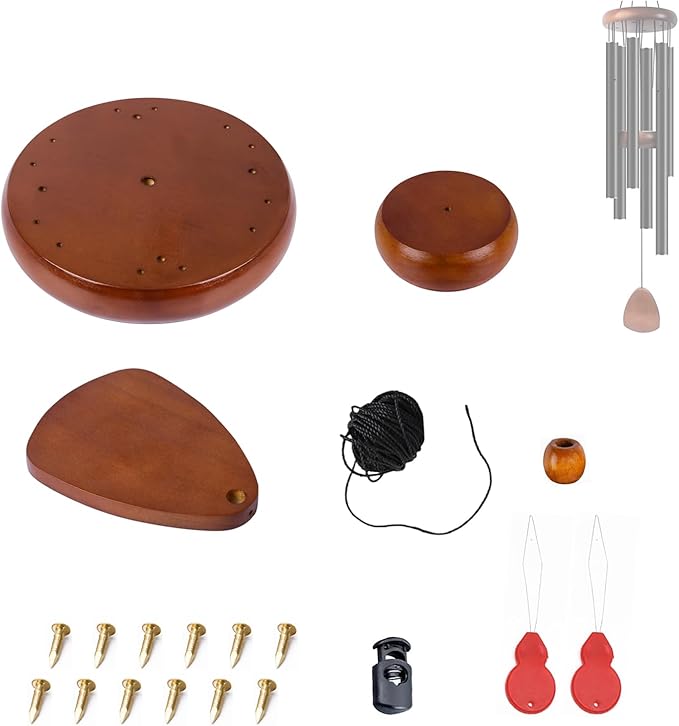 Wind Chime Parts Replacement, 20 PCS Wood Wind Chime Repair Kit Including Round Top, Clapper, Wind Catcher, 16.4FT Nylon Cord, Brass Pin, Ideal for DIY Wind Chimes Making and Restring