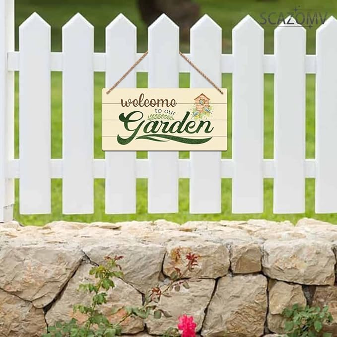 SCAZOMV Garden Sign Decor, Welcome To Our Garden, Funny Outdoor Decorative For Garden Backyard Patio Farmhouse, Potting Shed She Shed Personalized Wooden Hanging Plaque 5"X 10"