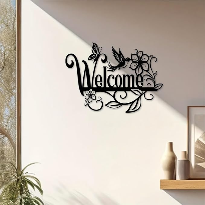 Welcome Sign Metal Wall Decor - Cursive Lettering with Floral Motifs, Vintage Outdoor Garden Art for Porch, Patio & Entryway - Durable Iron Construction - 15.75x11.34 Inch