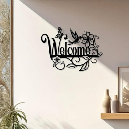 Welcome Sign Metal Wall Decor - Cursive Lettering with Floral Motifs, Vintage Outdoor Garden Art for Porch, Patio & Entryway - Durable Iron Construction - 15.75x11.34 Inch