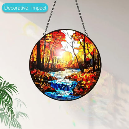 Sunset Suncatcher Stained Glass Window Hanging - Handmade Tree River Sun Catchers Home Outdoor Garden Decor - Sucnatchers for Windows Hanging Ornaments - Mother's Day Birthday Gifts for Mom Grandma