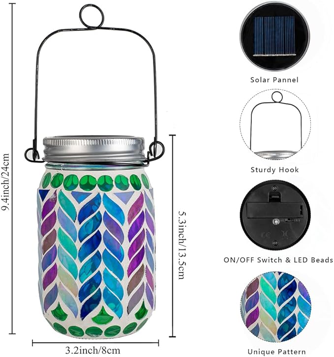 Stargarden 4 Pack Mosaic Solar Lantern ,Waterproof Outdoor Hanging Jar Lights, Mosaic Lights Solar Garden Decor for Patio Pathway Yard