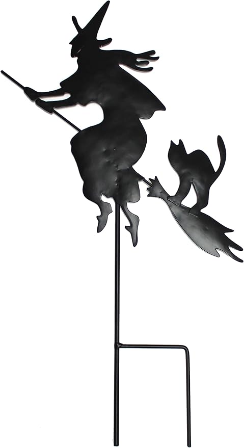 19" Halloween Metal Black Silhoutte Witch On Broom with Cat Stake, Set of 2