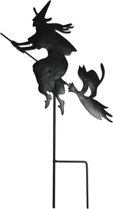 19" Halloween Metal Black Silhoutte Witch On Broom with Cat Stake, Set of 2