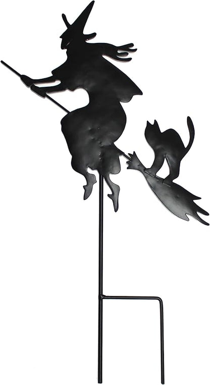 19" Halloween Metal Black Silhoutte Witch On Broom with Cat Stake, Set of 2