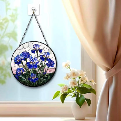 Stained Glass Window Hanging - Blue Iris Painting 7.8 Inches Suncatcher for Garden Home Decor for Women Mon Grandma Friends