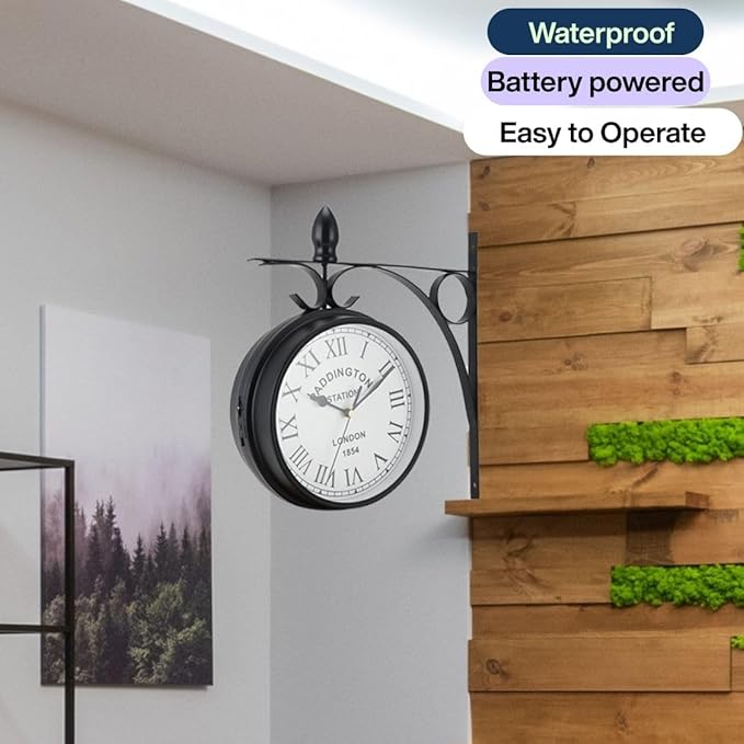 JHY DESIGN 12-Inch Double-Sided Wall Clock Waterproof Indoor Outdoor Clock Hanging Metal Clock Battery Operated Decorative for Home Corner Patio Pool Garden Decor (Black)