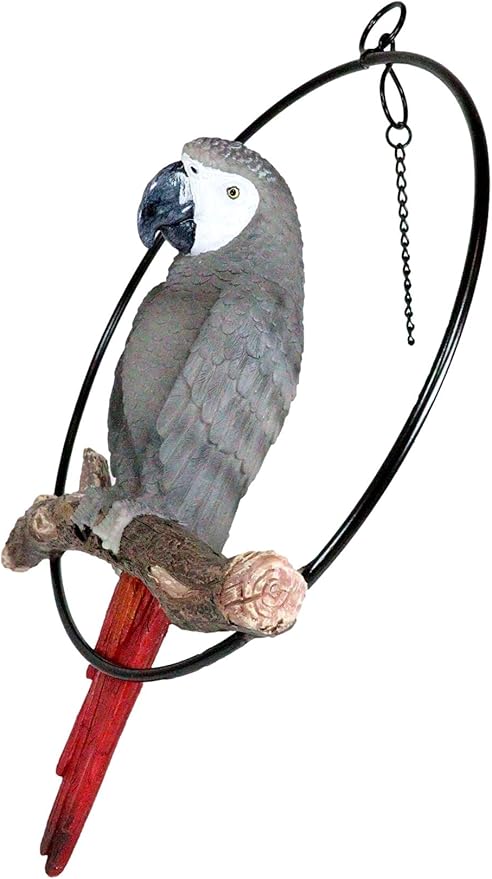 Ebros Patio Home Garden Hanging Macaw Parrot Perching on Branch in Metal Round Ring Figurine Sculpture Nature Lovers Tropical Bird Collectors Decor 13.5" H (Grey Macaw)