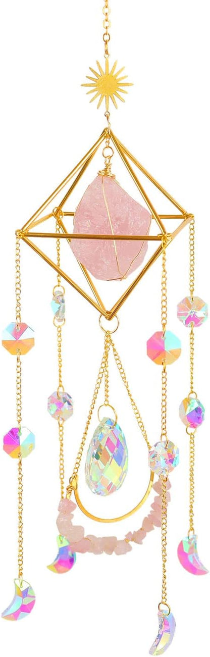 Crystal Suncatcher Rose Quartz, St Valentines Gift Spiritual, Sun Catcher Hanging for Windows, Rainbow Maker, Garden Home Decor, Natural Gemstone Boho Decor (Rose Quartz)
