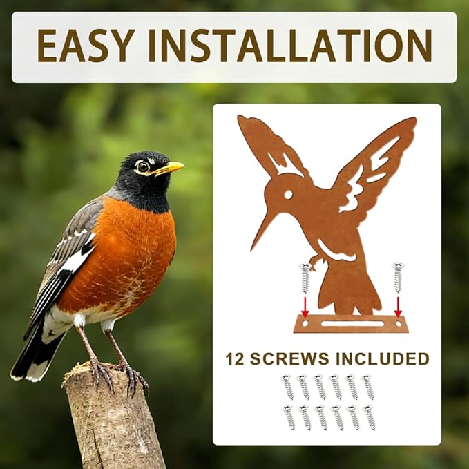 6 Pcs Hummingbirds Fence Decor, Outdoor Garden Metal Bird Decoration, Metal Art Ornament for Yard, Double-Side Design