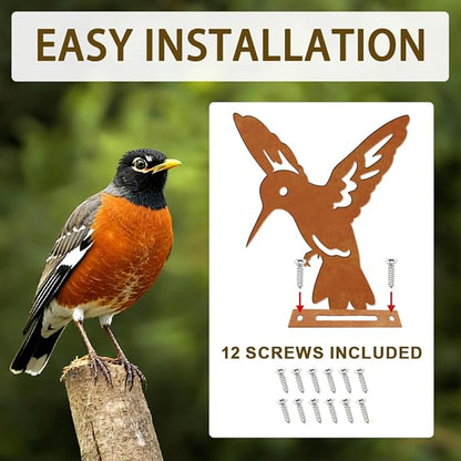 6 Pcs Hummingbirds Fence Decor, Outdoor Garden Metal Bird Decoration, Metal Art Ornament for Yard, Double-Side Design