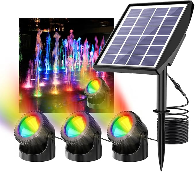 RGB Solar Pond Lights LED Underwater, 13 Lighting Modes Submersible Pond Lights, Smart Auto ON/Off Color Changing Landscape Spotlights with IP68 Waterproof for Outdoor Ponds Garden Patio Decor
