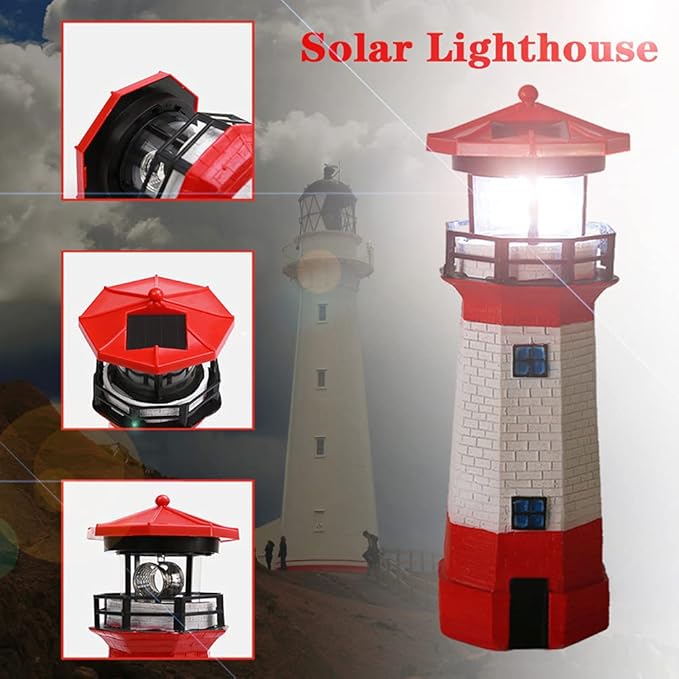 NINEFOX Solar Lighthouse Outdoor Solar Rotating LED Lighthouse Light Waterproof Lighthouse Statue Decorative LED Rotating Lamp for Garden Landscape Outside Yard(Red)