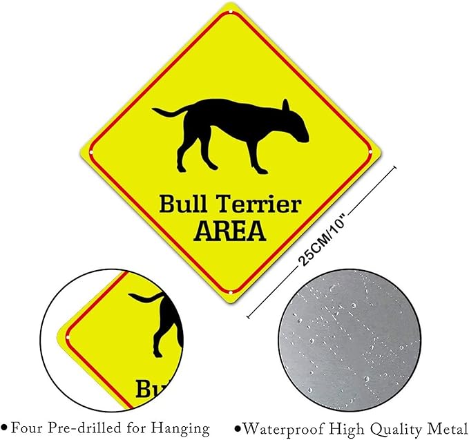 Warning Bull Terrier Area Aluminum Metal Sign Bull Terrier Dog Caution Crossing Xing Street Sign Yellow Diamond Shape Funny Metal Sign For Indoor Outdoor 10x10in