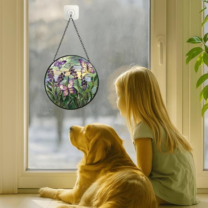 Purple Berries and Butterflies Stained Glass Window Hanging Panel – 9.8in Floral Nature Suncatcher Wall Art for Home Window Decor and Gift