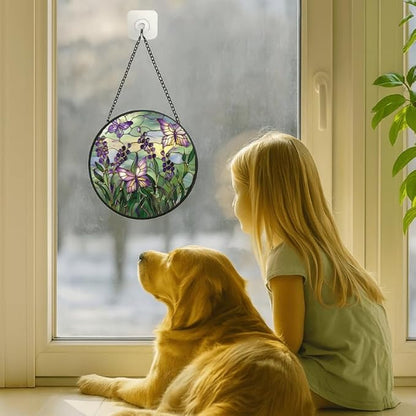 Purple Berries and Butterflies Stained Glass Window Hanging Panel – 11.8in Floral Nature Suncatcher Wall Art for Home Window Decor and Gift