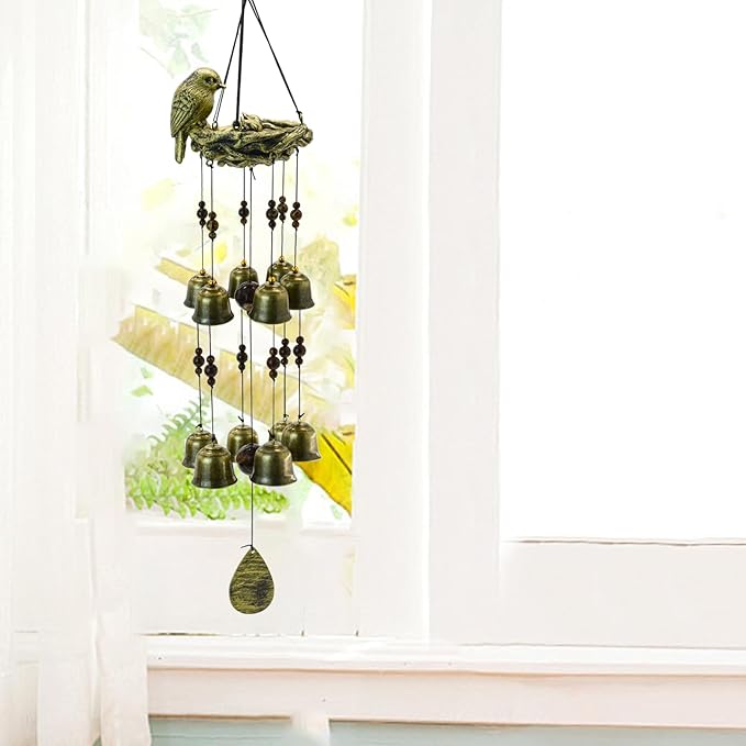 MrMrKura Bird Nest Wind Chime, Bird WindChimes with 12 Bells for Glory Mothers Love Gift Decorative Hanging Bells for Outdoor Garden Backyard Home Decor