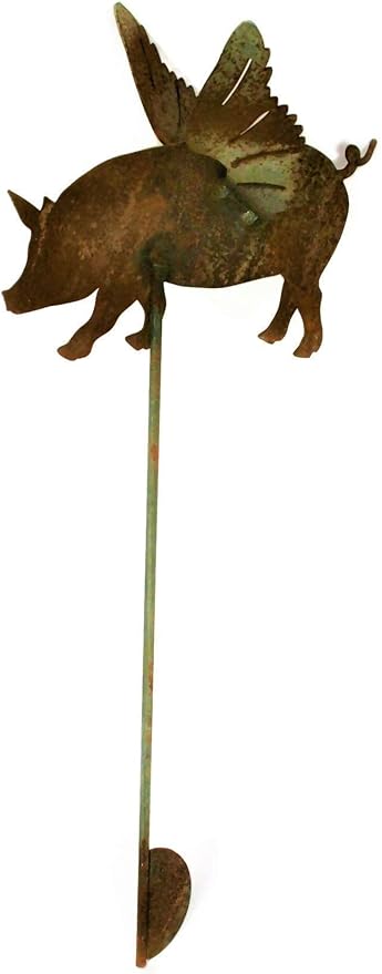 Pets and Farm Animals Metal Garden Landscape Stake (9" Wide Flying Pig on Stake, Naturally Rusted)