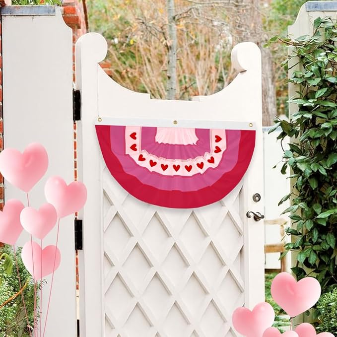 4Pcs Valentine Bunting Flags 2x4Ft Embroidered Love Heart Half Fan Bunting Decor Wedding Season Valentine’s Day Galentine’s Day Outside Banner for Outdoor Porch Garden Fence Décor Engagement Party Anniversary