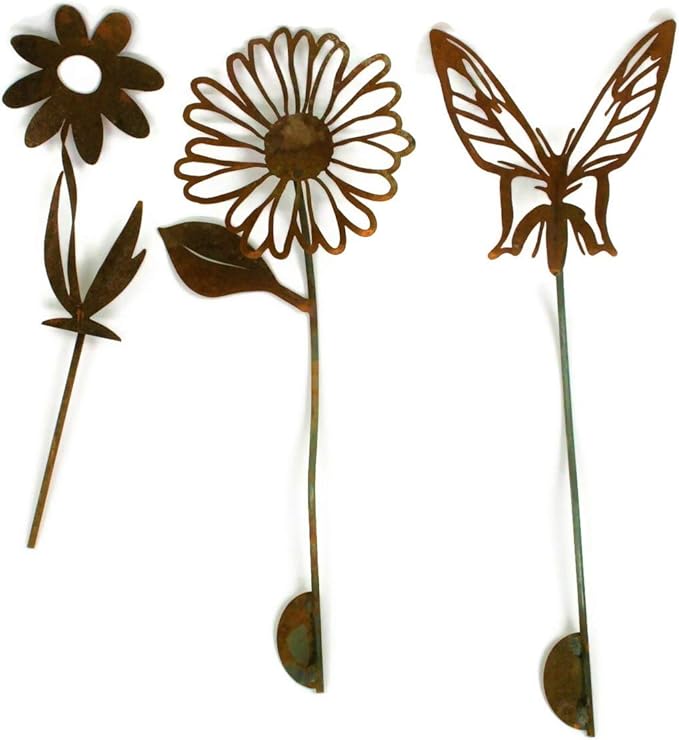 Metal Rustic and Colorful Flower Stakes Ranging from 9.5 to 36 Inches Tall (Daisy, Butterfly and Twisted Daisy Set, Naturally Rusted)