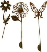 Metal Rustic and Colorful Flower Stakes Ranging from 9.5 to 36 Inches Tall (Daisy, Butterfly and Twisted Daisy Set, Naturally Rusted)