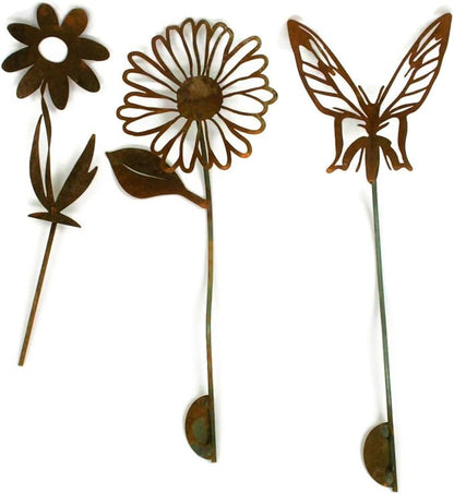 Metal Rustic and Colorful Flower Stakes Ranging from 9.5 to 36 Inches Tall (Daisy, Butterfly and Twisted Daisy Set, Naturally Rusted)