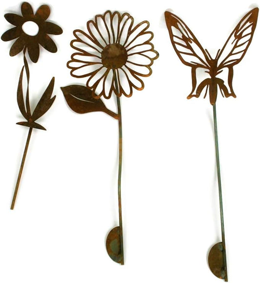 Metal Rustic and Colorful Flower Stakes Ranging from 9.5 to 36 Inches Tall (Daisy, Butterfly and Twisted Daisy Set, Naturally Rusted)