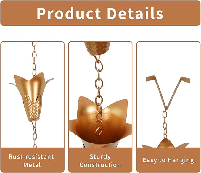 TZSSP Rain Chains Decorative Rain Chain Bell with 12 Cups, Rain Chain for Home Garden Patio Outdoor Decor,8-1/2 Length,102 Inch