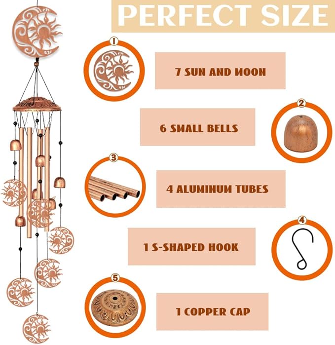 Sun and Moon Wind Chimes for Outside Garden Wind Chime Wind Bells Outdoor Memorial Gifts Sympathy Gifts for Women Men Metal Windchimes for Outdoors, Indoors, Patio, Garden, Yard, Home Decor