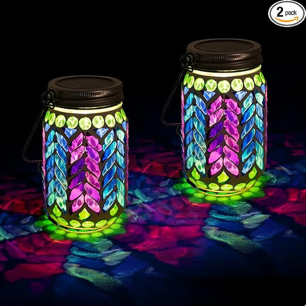 Stargarden 2 Pack Mosaic Solar Lantern ,Waterproof Outdoor Hanging Jar Lights, Mosaic Lights Solar Garden Decor for Patio Pathway Yard