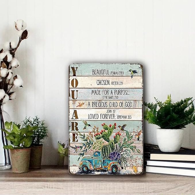 YOYI ART Bible Blessed Signs for Home Decor - Garden Patio Signs for Outside, Cactus Car Bird Vintage Metal Tin Signs for Backyard, Patio, Front Door, Porch, Farm House Wall Art Decor Art, 8 x 12 inch