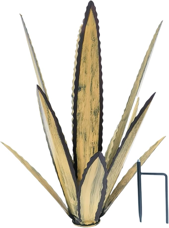 Metal Agave Plants Outdoor Decor with Stake, Rustic Metal Cactus Yard Art, Yard Sculpture Outdoor, Apricot, Small, Sculpture