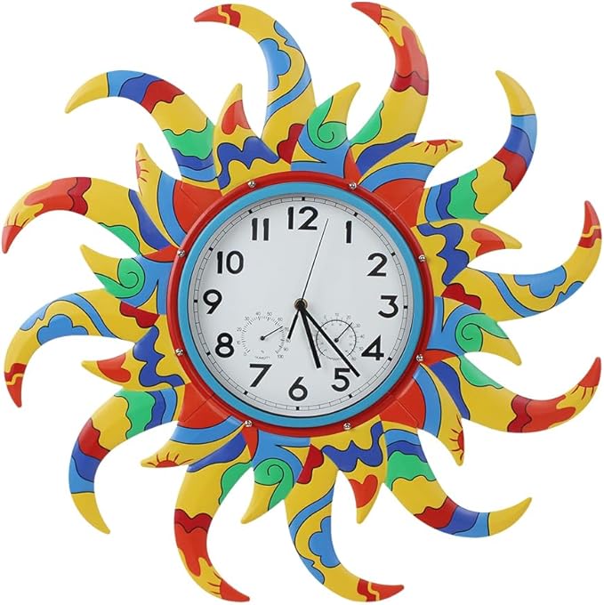 24 Inch Outdoor Clock Silent Non-Ticking, Outdoor Wall Clock with Thermometer & Humidity, Sun Outside Clock Decor for Patio, Living Room, Home Decor