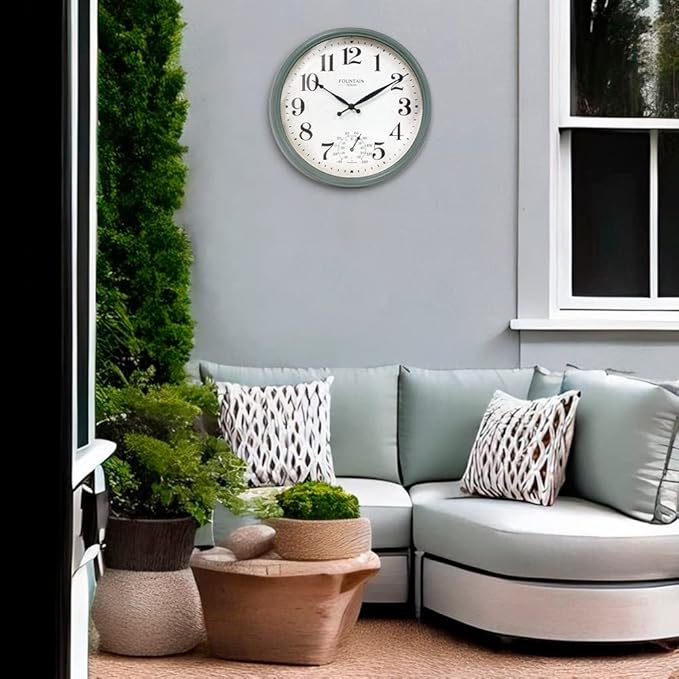 Maison in/Outdoor Clock with Thermometer, 2 in One Weather Station (Weather Thermometer/Wall Decoration) (Aged Teal, 13 inch)