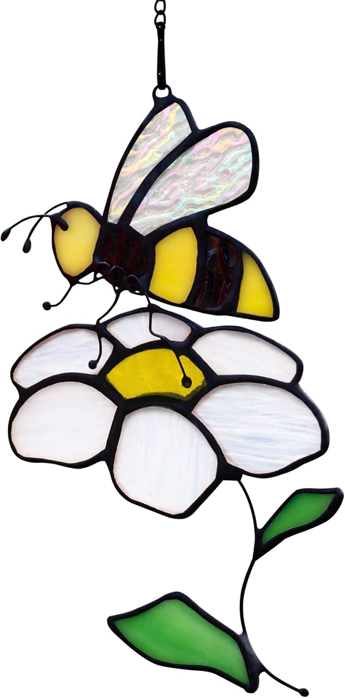 Bee Suncatcher Flower Stained Glass Window Hangings, Bees Decor Party Birthday Bee Gifts for Women,Bee Lovers, Housewarming Gifts.