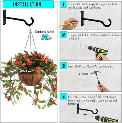 QIEGL 6inch Heavy Duty Hanging Plant Brackets 2pcs Bird Feeder Hanger Decorative Hooks Outdoor or Indoor Plant Hangers Shepherd Hooks Black Metal Wall Hook for Lantern, Flower Basket, Wind Chimes