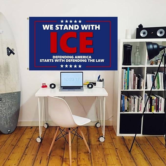 We Stand With Ice Flag 4X6Ft, Defending America Starts With Defending The Law Flags,CIty Banner, Men Women Banner,Vibrant Colors, Double Stitched with 2 Brass Grommets, Bar Garden Street Decoration, GYM, Office Decor,Indoor Outdoor Use,Gifts. (8X12FT)
