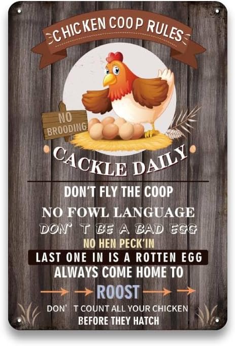 Funny Chicken Coop Signs for Outside - Metal Chicken Signs for Coop, Chicken Coop Rule Sign for Chicken Wall Yard, Farmhouse Fence Wall Deocr Accessories, Chicken Gifts for Women, 8 x 12 inch