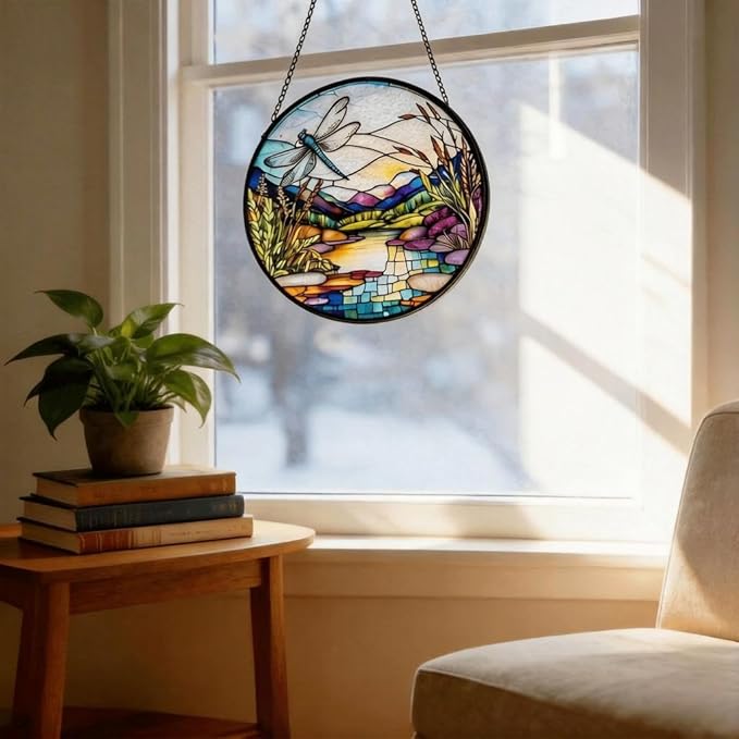 Stained Glass Sun Catcher,Dragonfly and RiverStained Glass Window Hanging Garden Decor,Sun Catchers Indoor Window,Whimsical Decoration for Home Backyard Patio Lawn Porch with 7.9 INCH