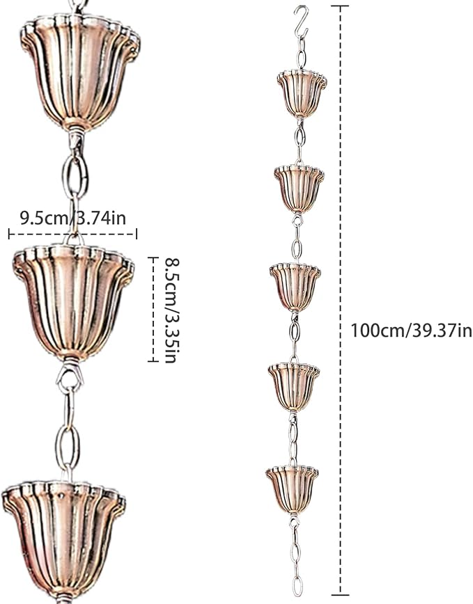 Copper Rain Chain 39in Japanese Movable Hanging Rain Chains with 5 Cups Building Protection Rustproof Decorative Outdoor Garden Catcher, Décor de pelouse