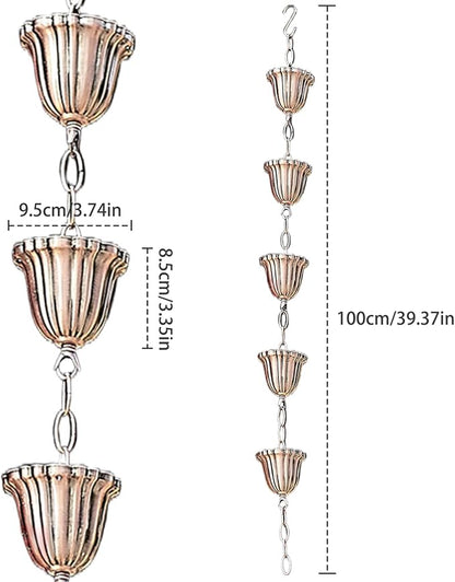 Copper Rain Chain 39in Japanese Movable Hanging Rain Chains with 5 Cups Building Protection Rustproof Decorative Outdoor Garden Catcher, Décor de pelouse