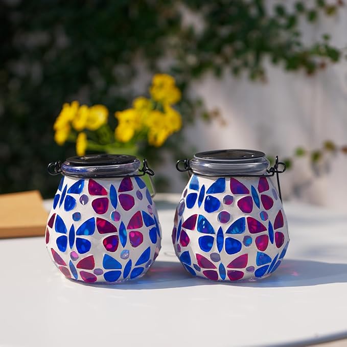 Stargarden 2 Pack Mosaic Solar Lanterns, Glass Hanging Lantern Waterproof Outdoor Hanging Solar Lights Butterfly Decorative Lantern for Garden ,Patio,Yard Decor