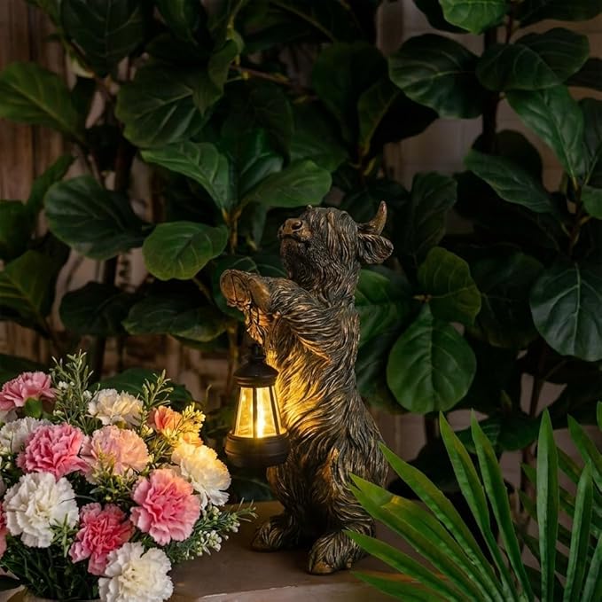 TERESA'S COLLECTIONS Highland Cow Garden Decor with Solar Lantern,High Mountain Yak Yard Decorations Outdoor, Holding Light Resin Outdoor Statues for Patio Porch Lawn,Gifts for Mom Dad 10"