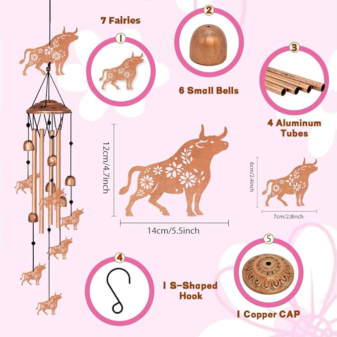 Cattle Pattern Wind Chimes for Farm Outside, Windchimes Suitable for Outdoor Garden Patio Porch and Home Decor, Unique 33“ Metal Memorial Wind Chimes for Spring Summer Farm Gifts