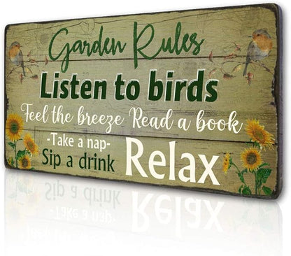 Retro Garden Rules Sign Vintage Signs for Home Porch Patio Yard Shed Decor Hanging Garden Plaque Listen to Birds Quotes by 16''x8''