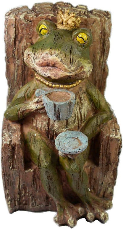 KiaoTime Large Queen Coffee Frog Sitting on Tree Stump Statue Drinking Coffee Indoor Outdoor Patio Garden Statue Decoration Collectible Frog Figurine Statue Model Sculpture (9.5" Frog On Tree Stump)