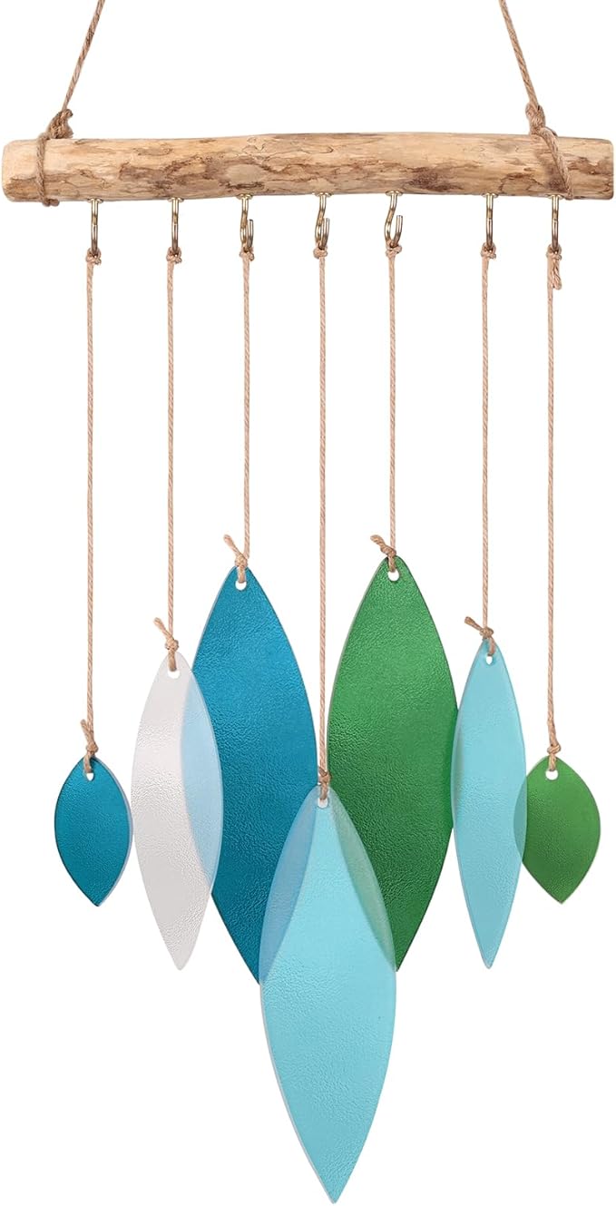 Sea Glass Wind Chimes Art Decor - Stained Glass Suncatcher Window Hanging, Driftwood Hand Crafted Design Beach Wind Chimes - Patio Garden Yard Decor Home Decor (Blue & Green)